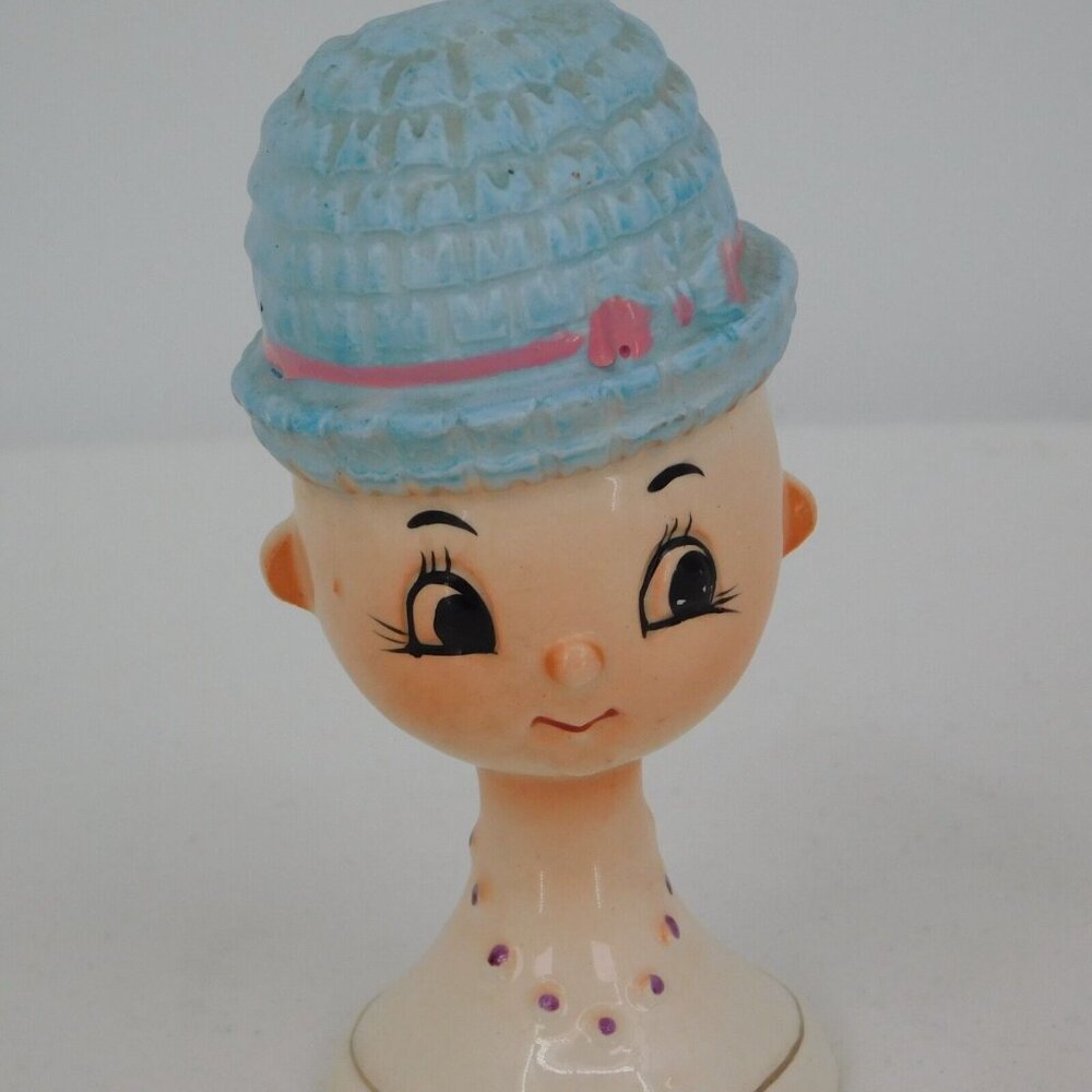 Head Vase Girl Blue Knitted Hat Vintage Japan Ceramic Small Rare 4.5" High FLAW - Picture 7 of 7
